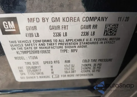 2021 Chevrolet Trailblazer Fwd Lt z USA, uszkodzony, nr VIN KL79MPS26MB100632